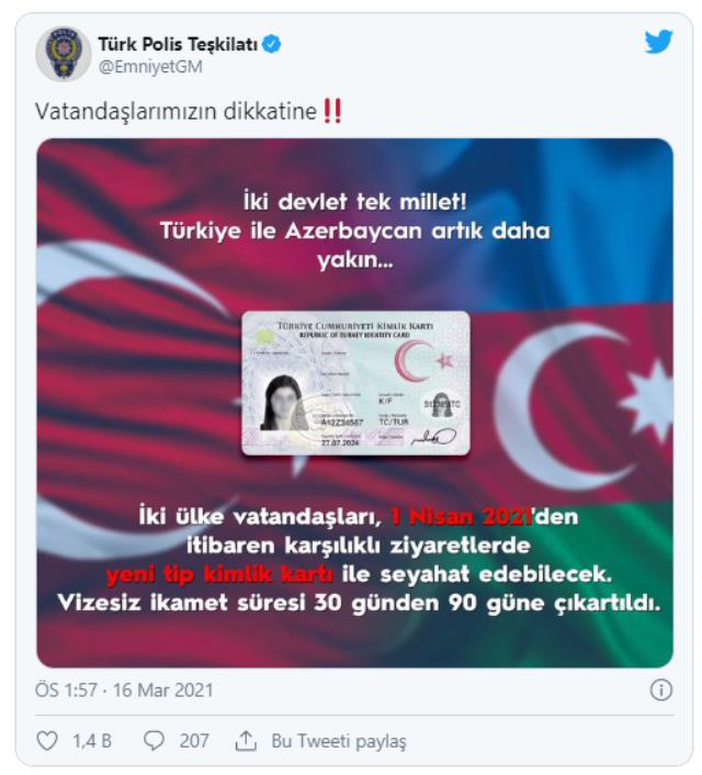 Türkiye ile Azerbaycan arasında vizesiz seyahat 1 Nisan 2021'de başlıyor